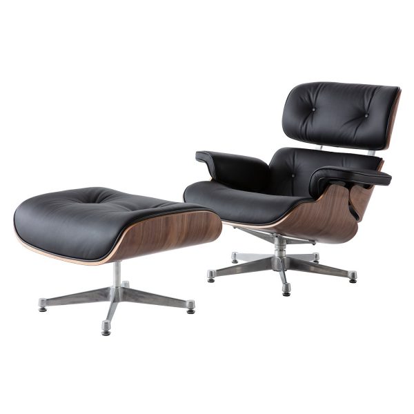 Classic Lounge Chair And Ottoman - Black - Walnut wood - Chrome Base - DECOMICA