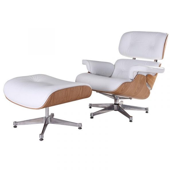 Classic Lounge Chair And Ottoman Replica White Leather & Ash Wood - DECOMICA